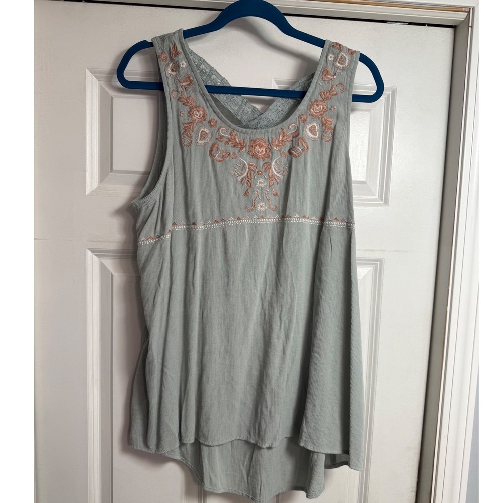 Sage Green Embroidered Boho Tank Top XXL Criss Cross Lace Back High Low Hem